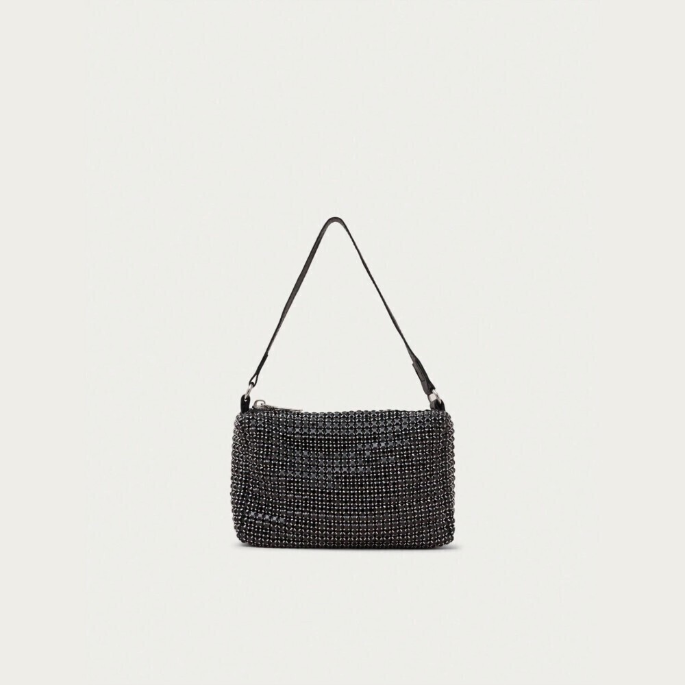 Black Rhinestone Mesh Chainmail Zip Top Shoulder Bag